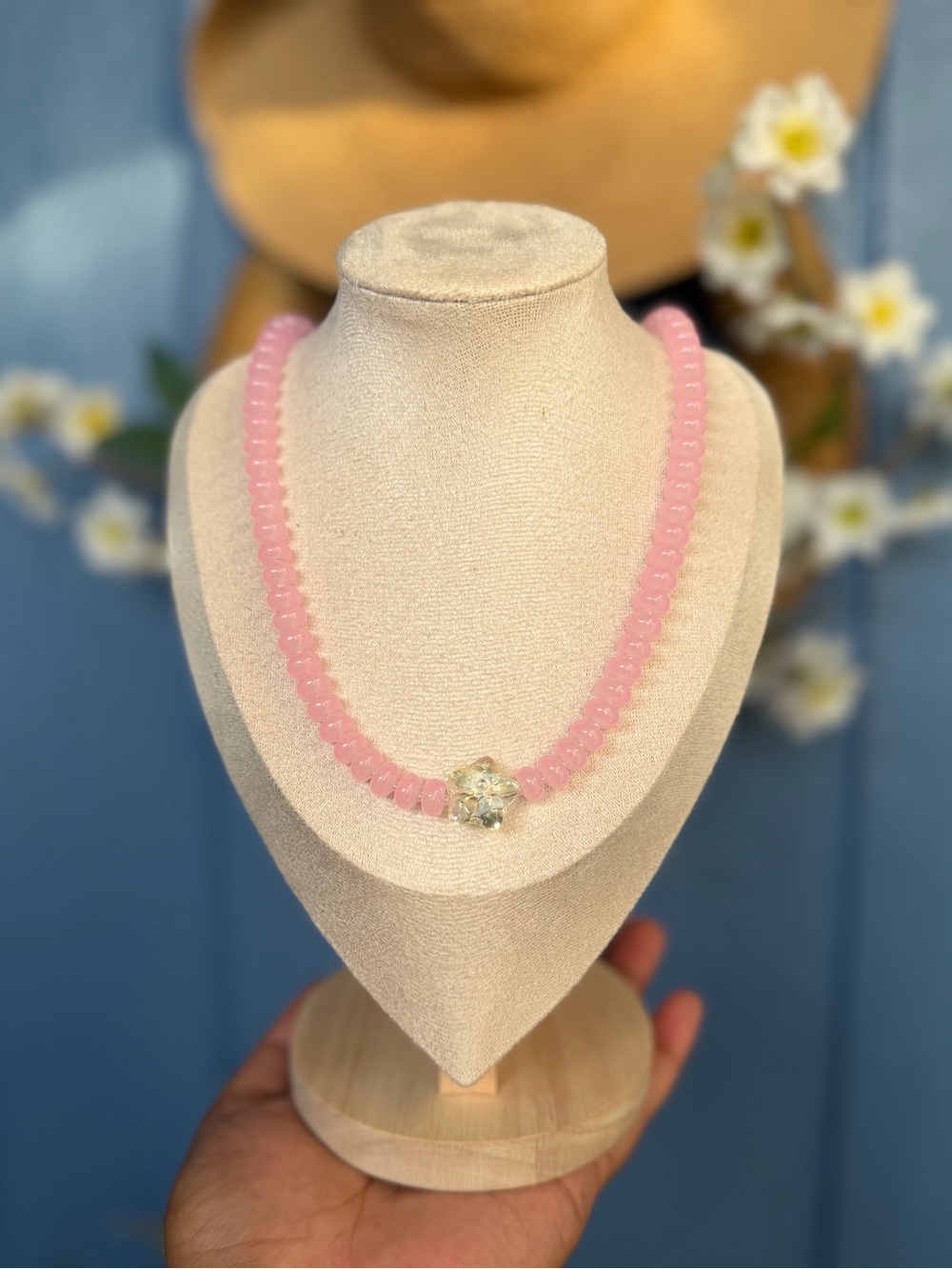 ARTISAN Beachy Coastal Pink Milk Glass Beaded Necklace